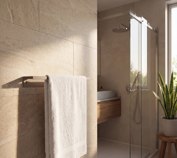 Beiger RIVA Handtuchhalter aus Stahl im Badezimmer