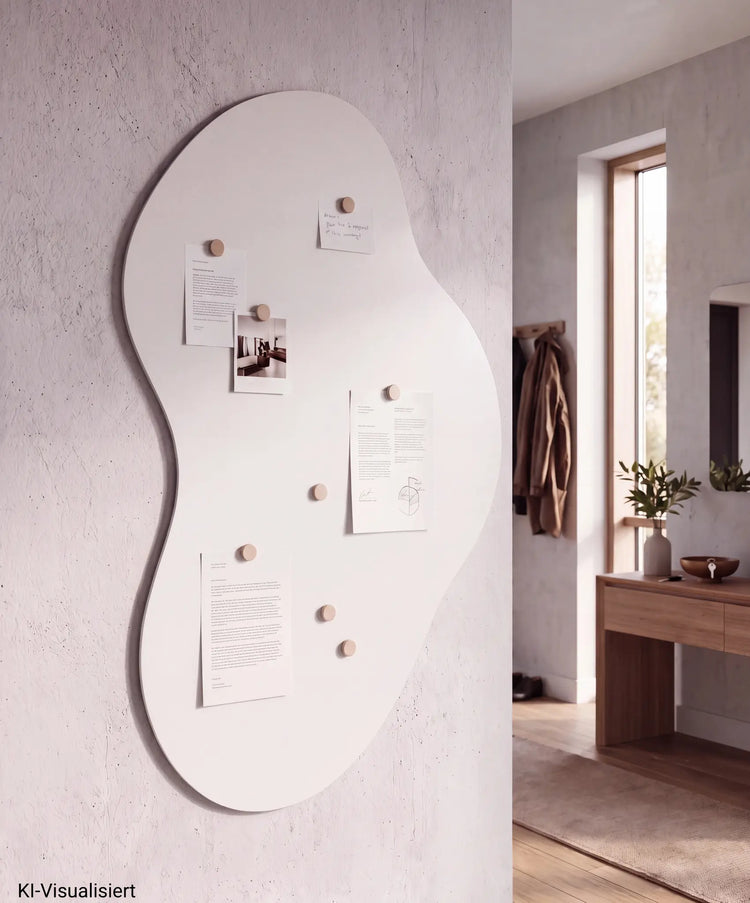 Weiße ORLA Magnettafel aus pulverbeschichtetem Stahl im hellen Flur, KI-Visualisierung