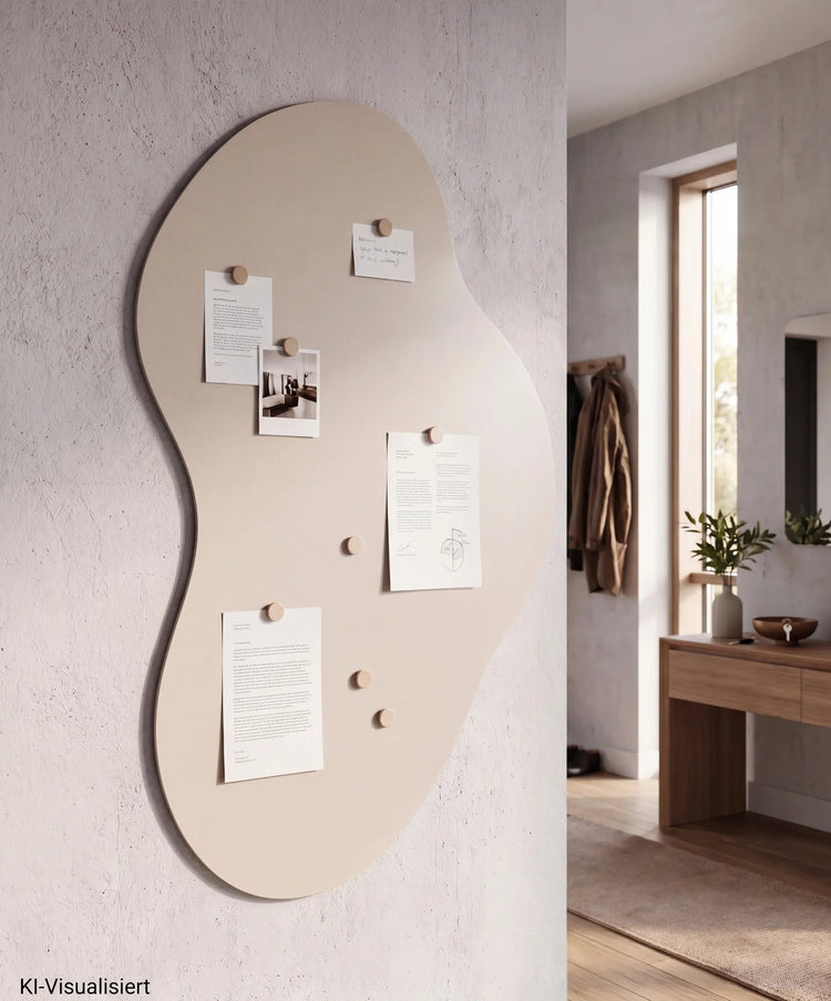 Beige ORLA Magnettafel aus pulverbeschichtetem Stahl mit Notizen im Eingangsbereich, KI-Visualisierung