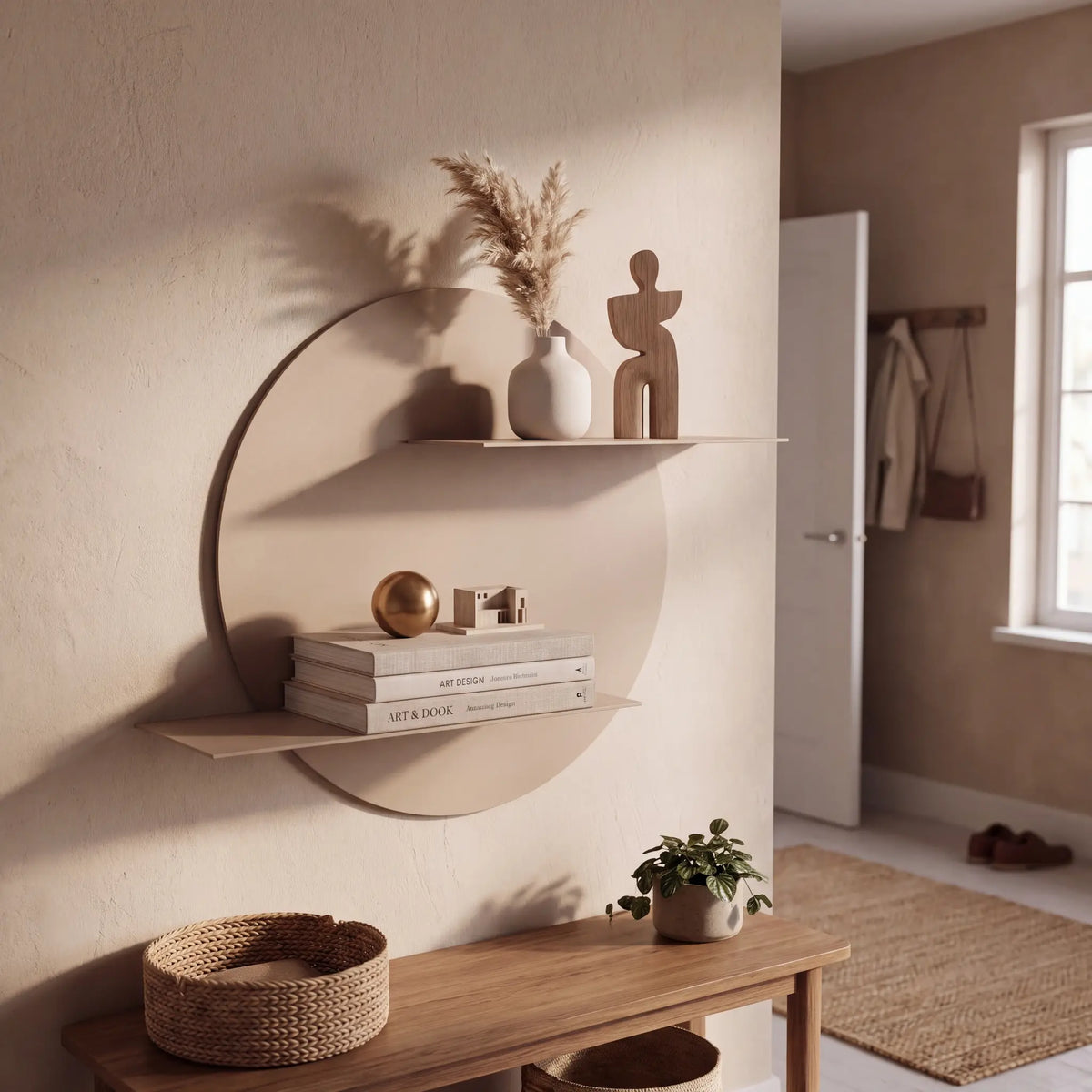LUNARO Wandregal rund aus Stahl in Beige im Wohnraum