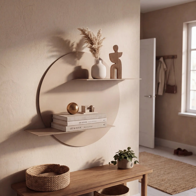 LUNARO Wandregal rund aus Stahl in Beige im Wohnraum