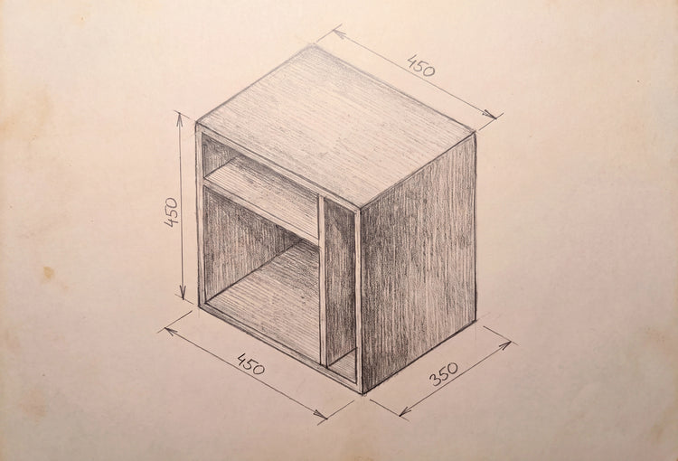Beistelltisch Cubo als Skizze und mit Abmessungen - Adyloo